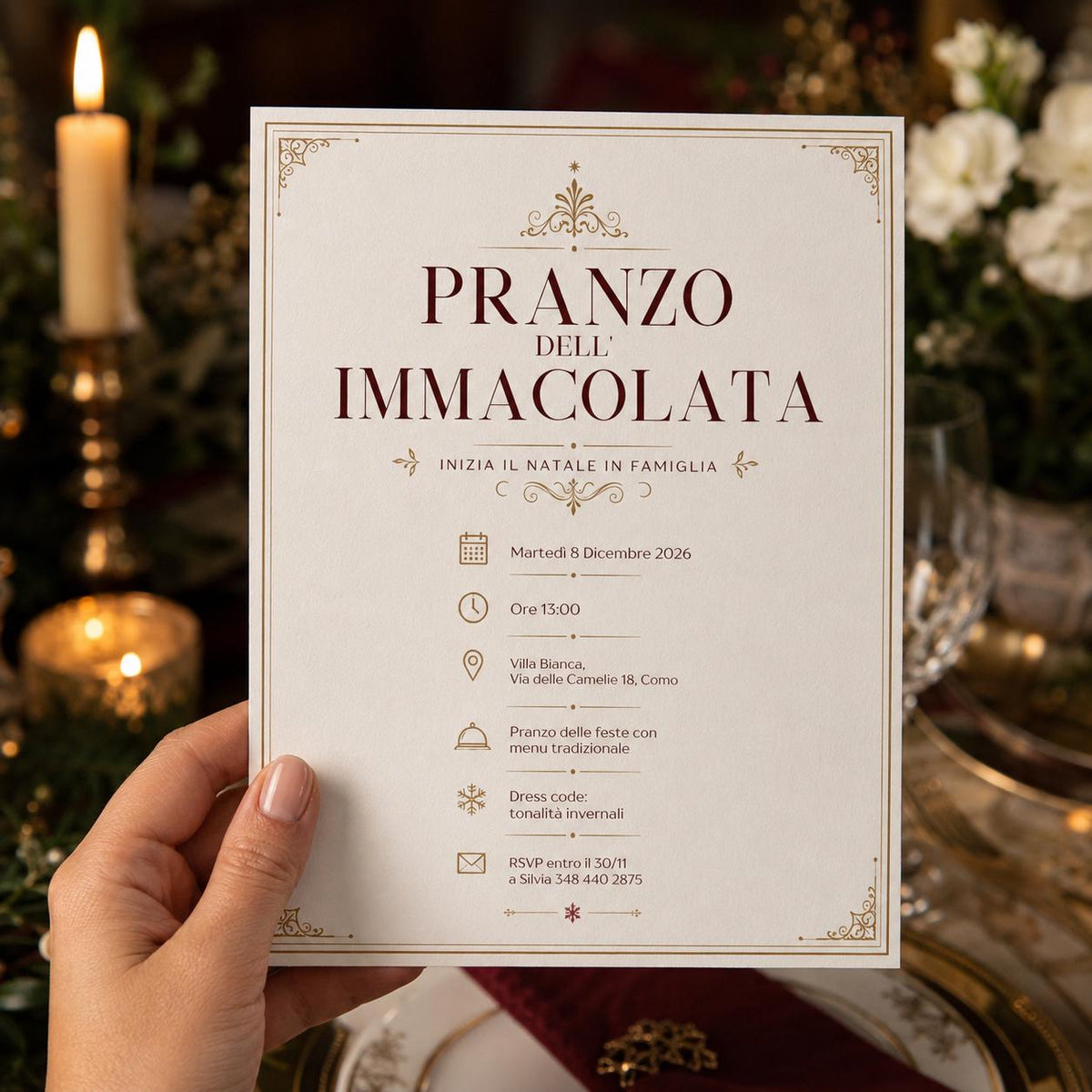 Elegant Italian Immacolata Lunch Invitation — print-ready Christmas celebration design from VoltBy