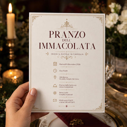 Elegant Italian Immacolata Lunch Invitation — print-ready Christmas celebration design from VoltBy