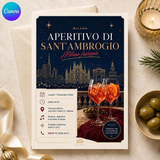 Elegant Italian Sant'Ambrogio Aperitivo Invitation — editable Canva template