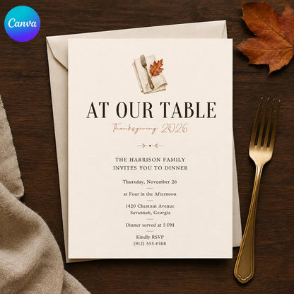Elegant Minimalist Thanksgiving Dinner Invitation — editable Canva template