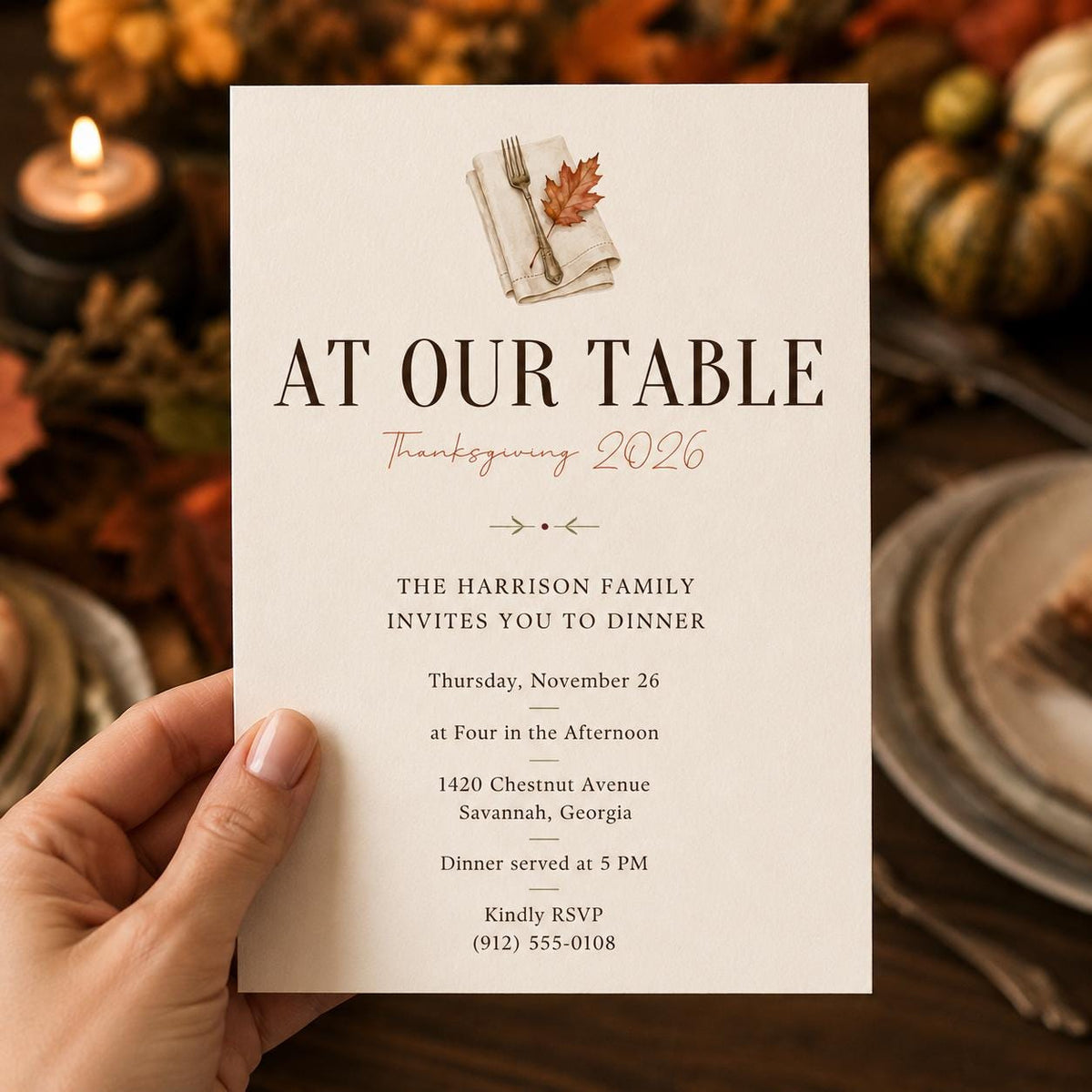 Elegant Minimalist Thanksgiving Dinner Invitation — print-ready Thanksgiving gathering design from VoltBy