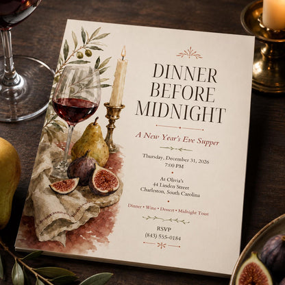 Elegant New Years Eve Dinner Invitation — digital invitation, instant download