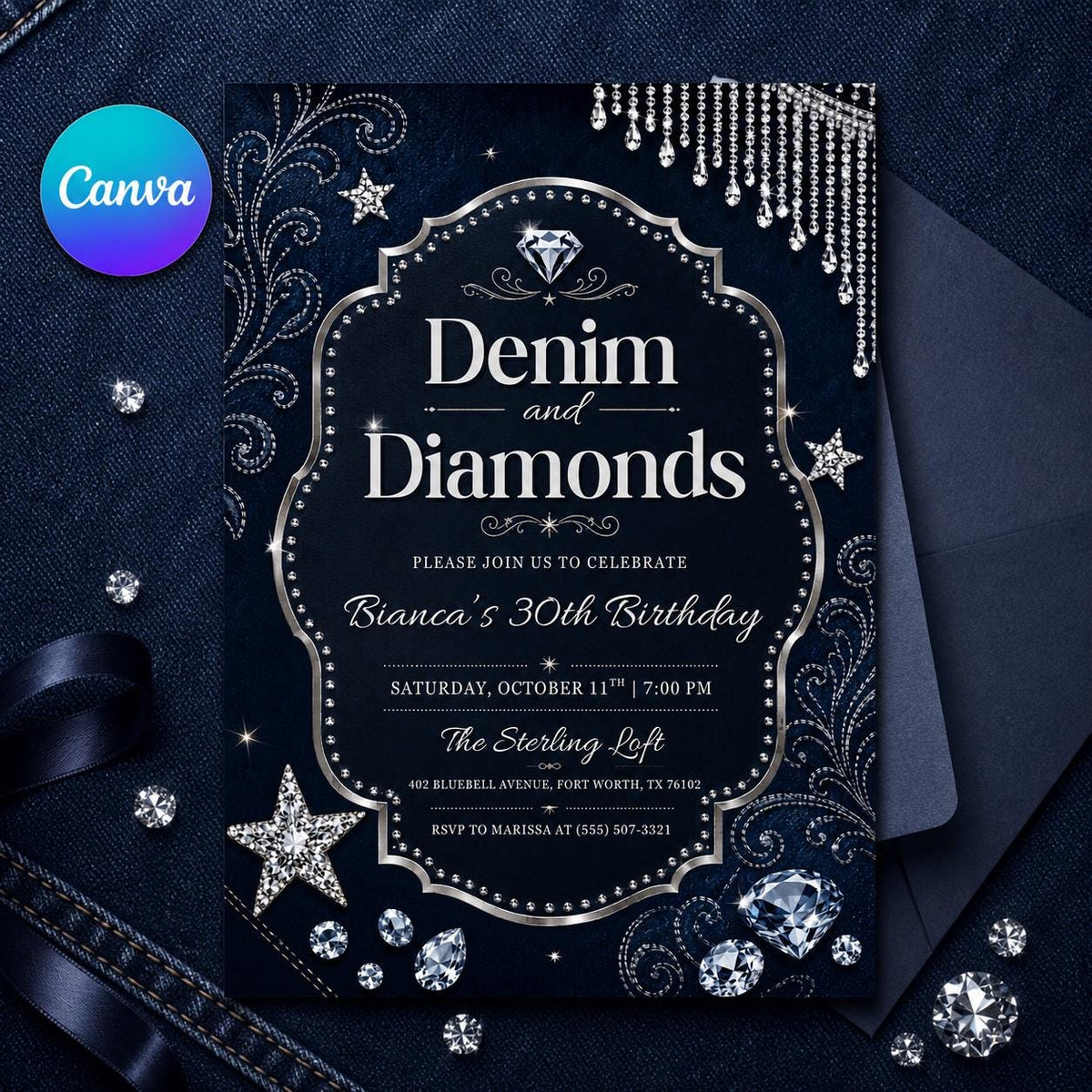 Elegant Retro Denim Birthday Invitation — editable Canva template