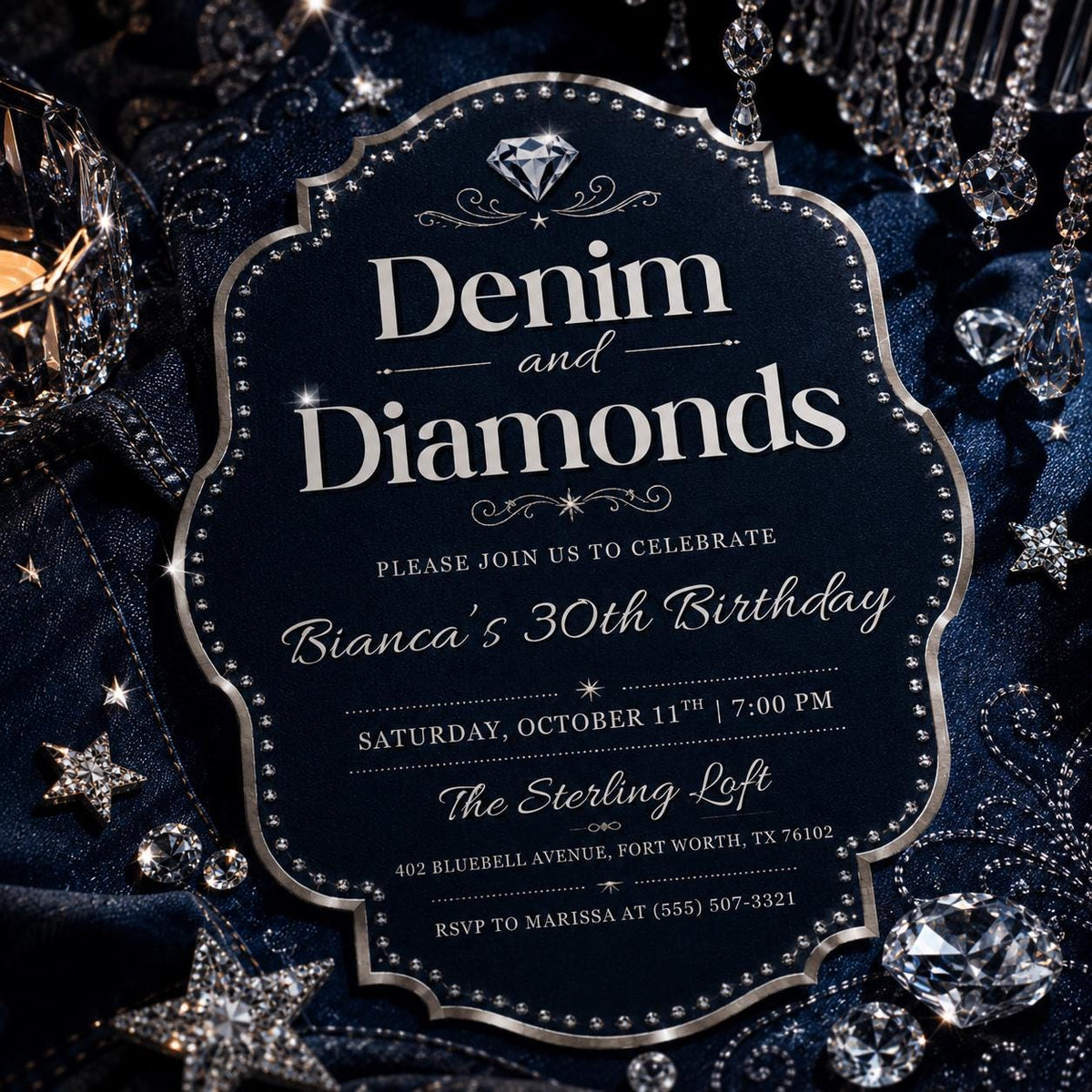 Elegant Retro Denim Birthday Invitation — print-ready birthday party design from VoltBy