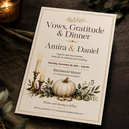 Elegant Rustic Fall Wedding Invitation: Thanksgiving Pumpkin Wedding Dinner — invitation you personalize in Canva