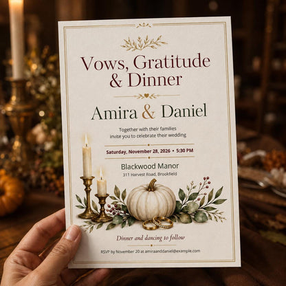 Elegant Rustic Fall Wedding Invitation: Thanksgiving Pumpkin Wedding Dinner — print-ready wedding design from VoltBy