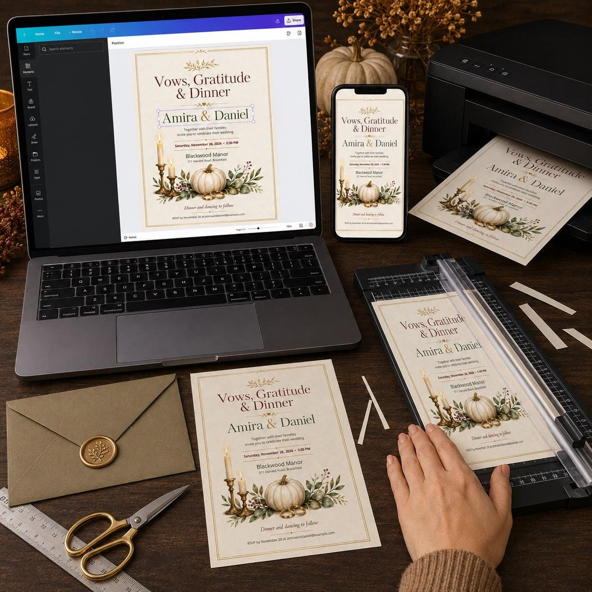 Elegant Rustic Fall Wedding Invitation: Thanksgiving Pumpkin Wedding Dinner — digital invitation, instant download