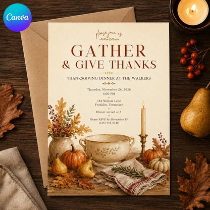 Elegant Rustic Thanksgiving Dinner Invitation — editable Canva template