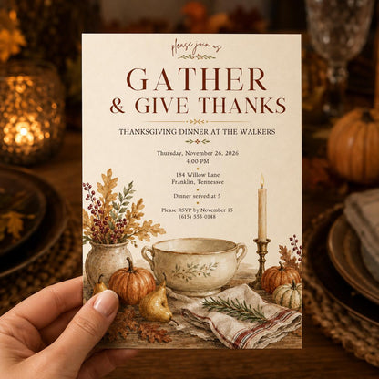 Elegant Rustic Thanksgiving Dinner Invitation — print-ready Thanksgiving gathering design from VoltBy