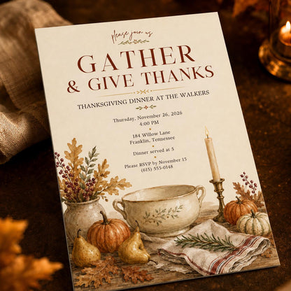 Elegant Rustic Thanksgiving Dinner Invitation — Thanksgiving gathering stationery by VoltBy