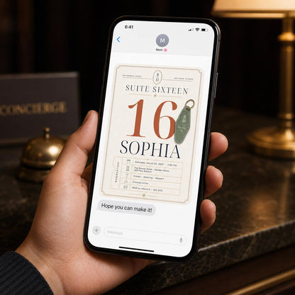 Elegant Sweet 16 Birthday Invitation — hotel key design