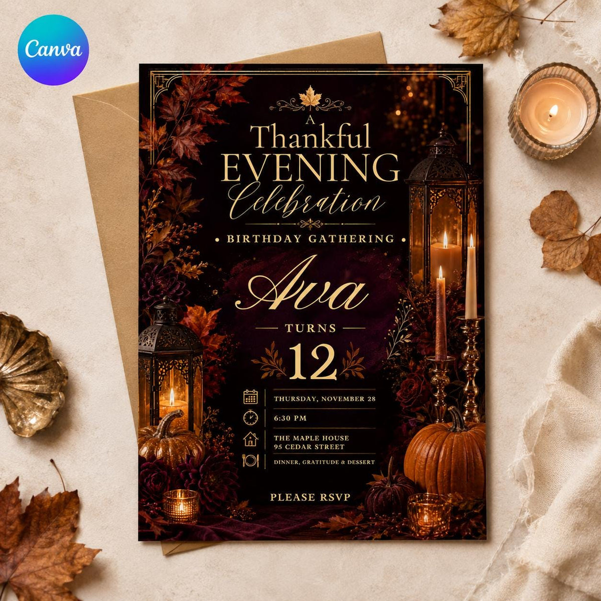 Elegant Thanksgiving Birthday Invitation — editable Canva template