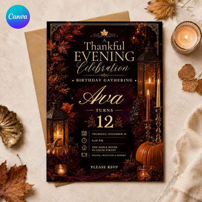 Elegant Thanksgiving Birthday Invitation — editable Canva template