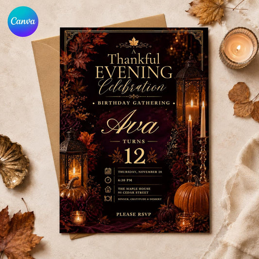 Elegant Thanksgiving Birthday Invitation — editable Canva template