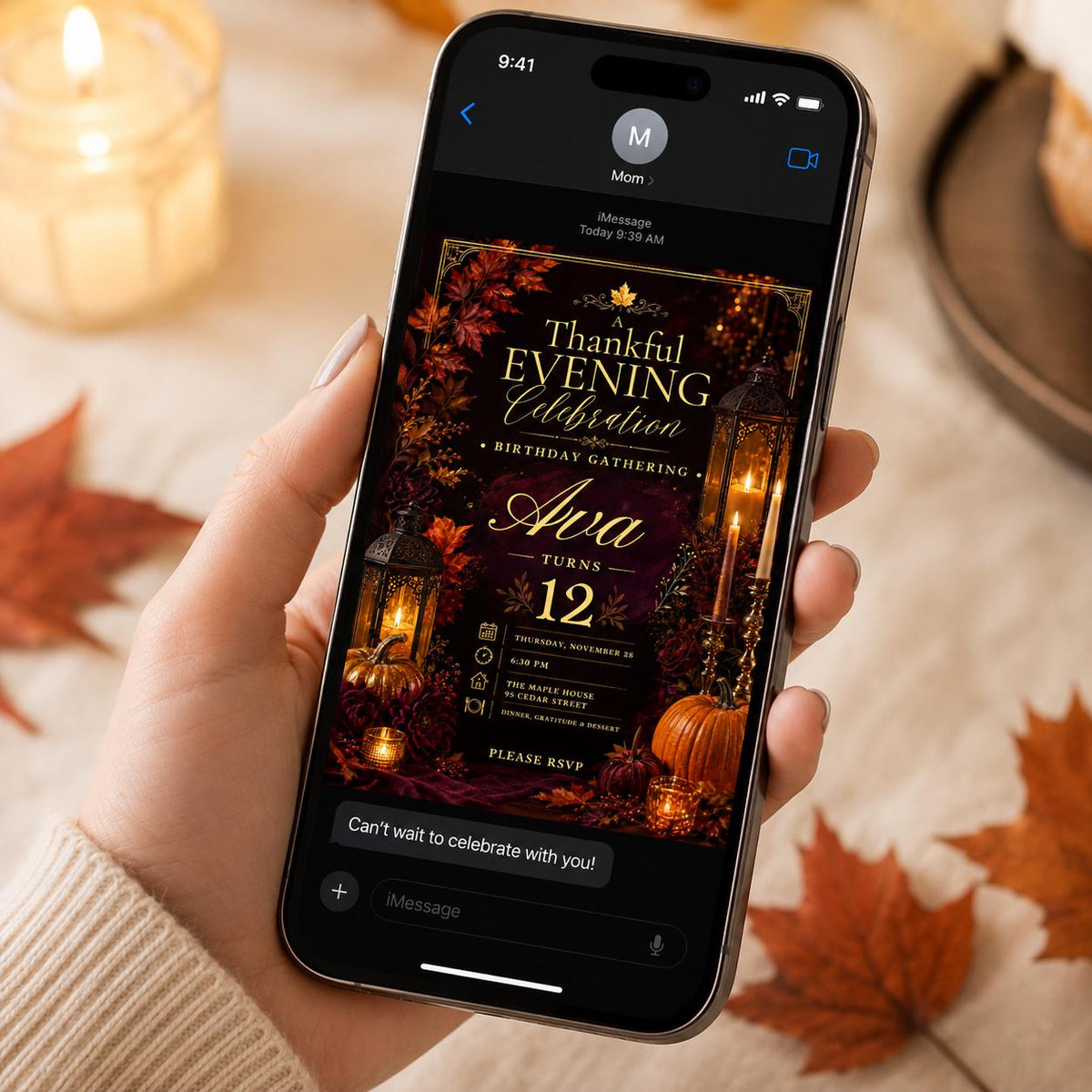 Elegant Thanksgiving Birthday Invitation — digital invitation, instant download