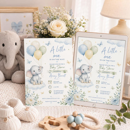 Elephant Cloud Baby Shower Invitation with Pastel Balloons in blue and gray
