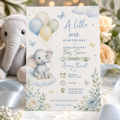 Elephant Cloud Baby Shower Invitation with Pastel Balloons — balloon design