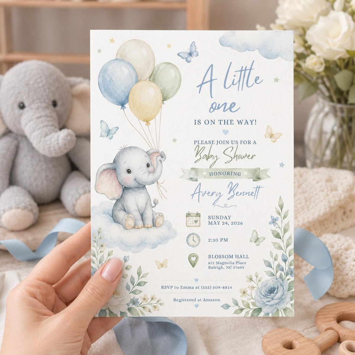 Elephant Cloud Baby Shower Invitation with Pastel Balloons — invitation you personalize in Canva