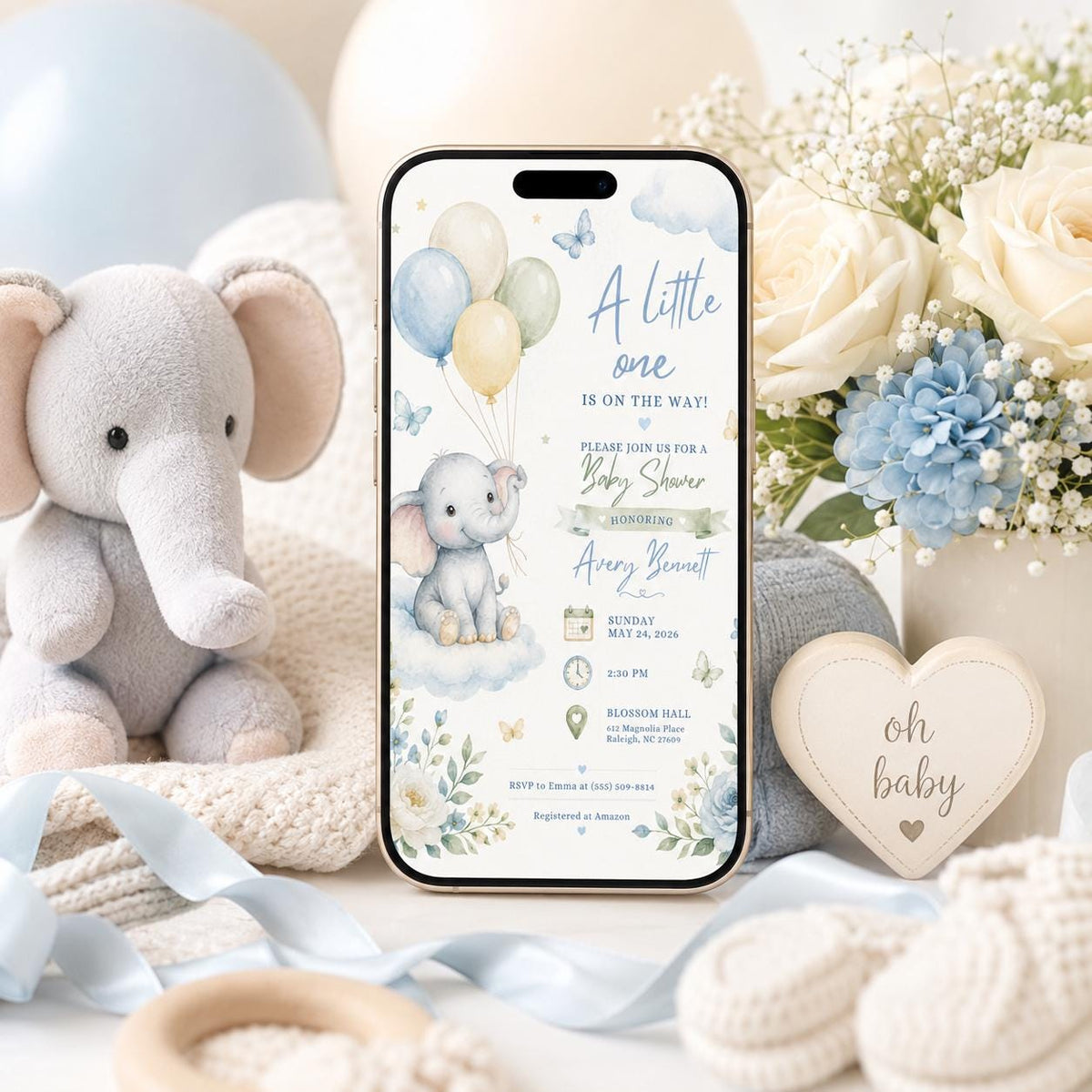 Elephant Cloud Baby Shower Invitation with Pastel Balloons — botanical baby shower design