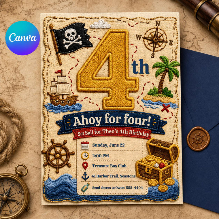 Embroidered Ahoy for Four Pirate Birthday Invitation