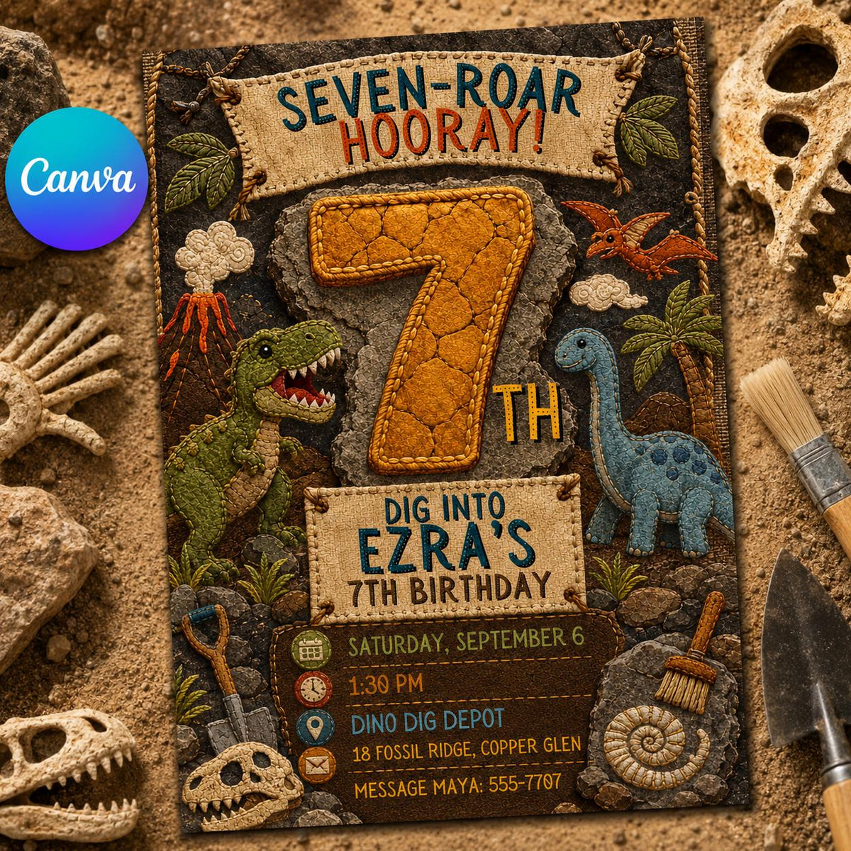 Embroidered Seven-Roar Dinosaur 7th Birthday Invitation — editable Canva template