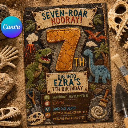 Embroidered Seven-Roar Dinosaur 7th Birthday Invitation — editable Canva template