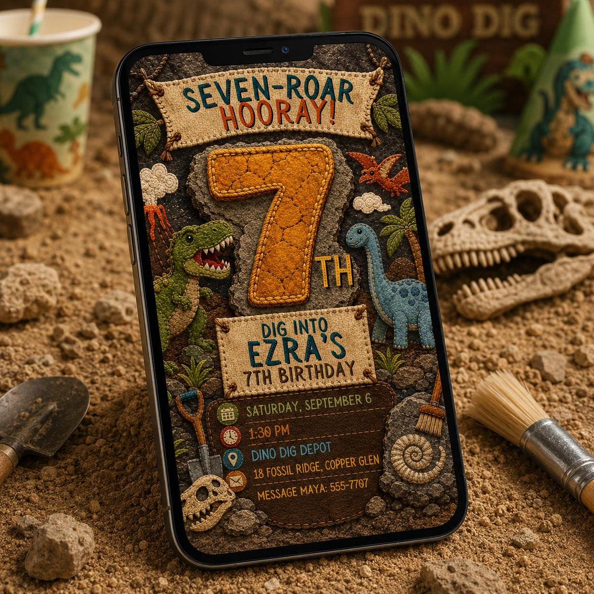Embroidered Seven-Roar Dinosaur 7th Birthday Invitation — embroidery design