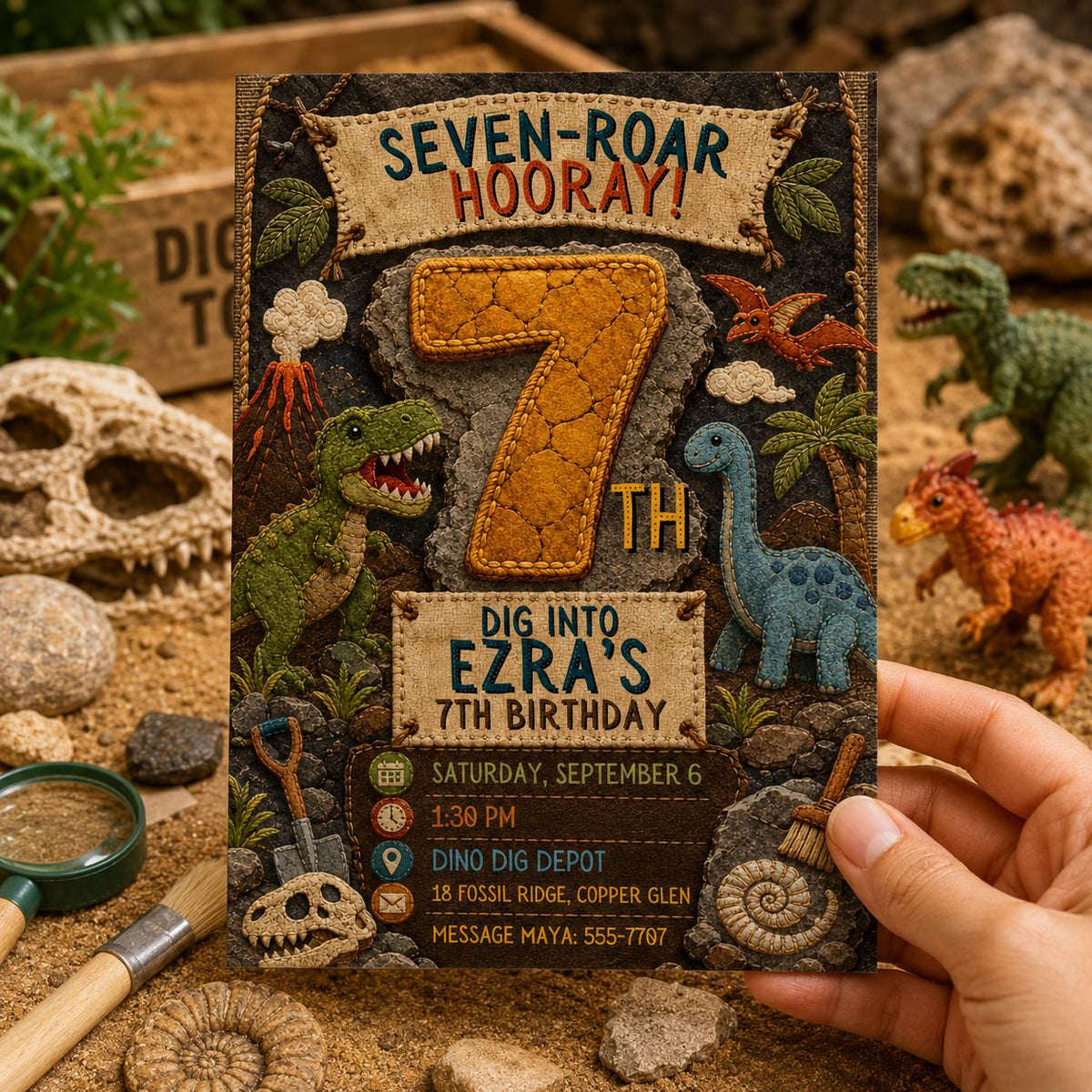 Embroidered Seven-Roar Dinosaur 7th Birthday Invitation — invitation you personalize in Canva