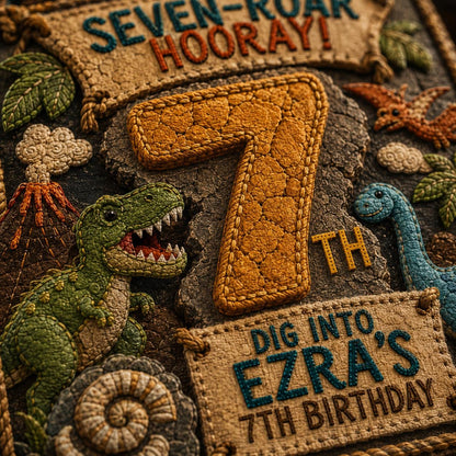 Embroidered Seven-Roar Dinosaur 7th Birthday Invitation — embroidery 7th birthday party design