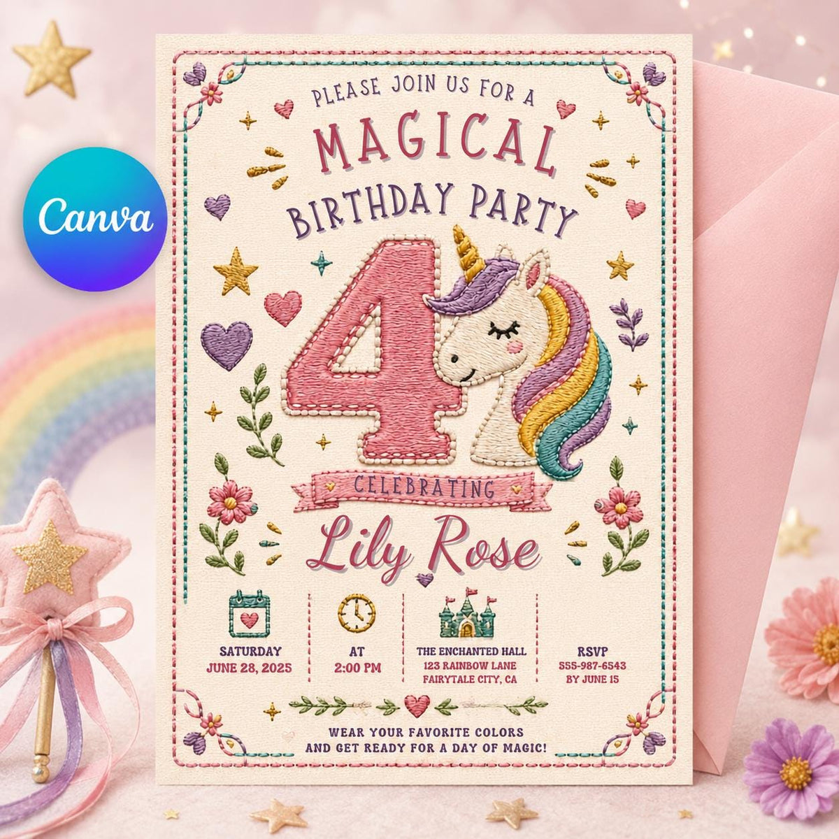 Embroidered Unicorn Number Four Birthday Invitation — editable Canva template