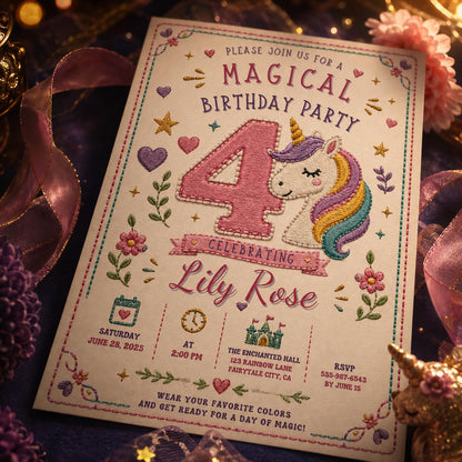 Embroidered Unicorn Number Four Birthday Invitation in blue and lavender