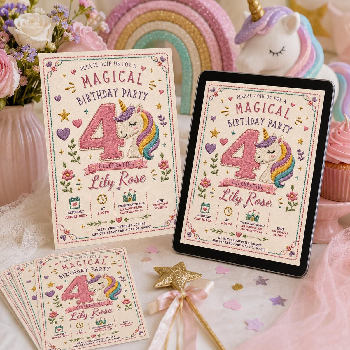 Embroidered Unicorn Number Four Birthday Invitation — embroidery design