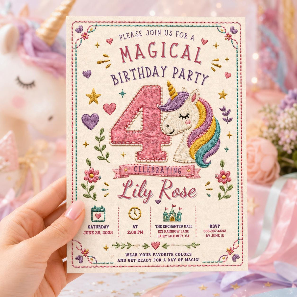 Embroidered Unicorn Number Four Birthday Invitation — invitation you personalize in Canva