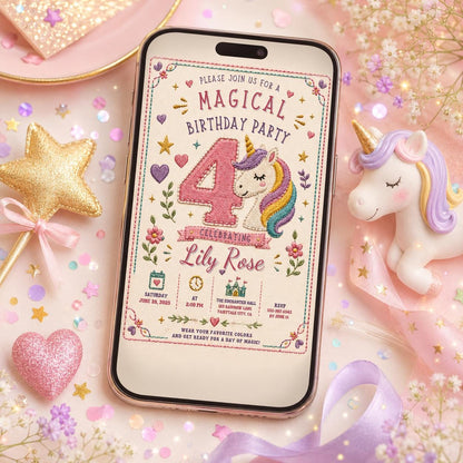Embroidered Unicorn Number Four Birthday Invitation — embroidery 4th birthday party design