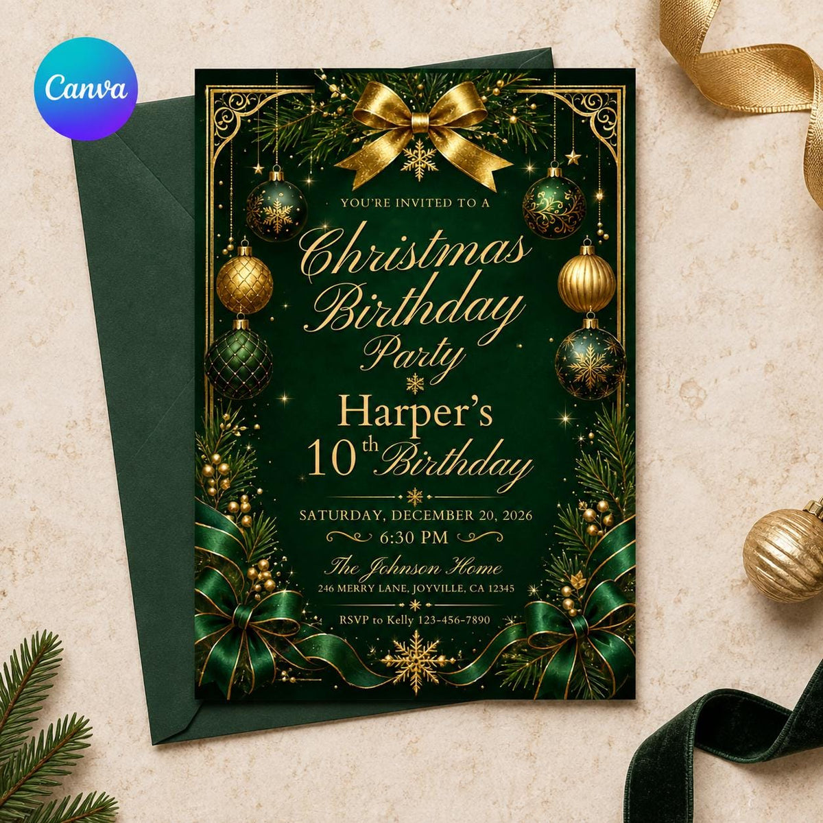 Emerald Green and Gold Christmas 10th Birthday Invitation — editable Canva template