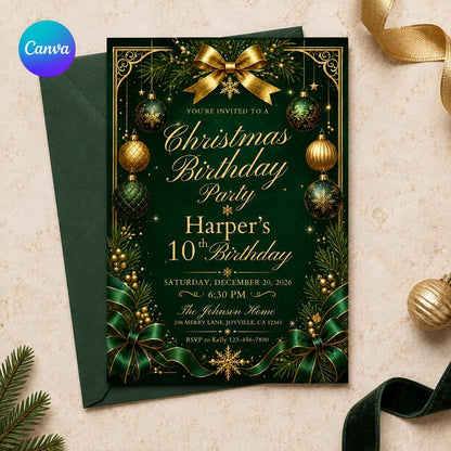 Emerald Green and Gold Christmas 10th Birthday Invitation — editable Canva template