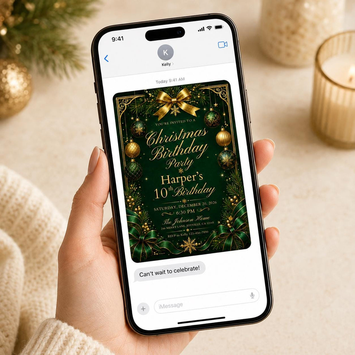 Emerald Green and Gold Christmas 10th Birthday Invitation — invitation you personalize in Canva