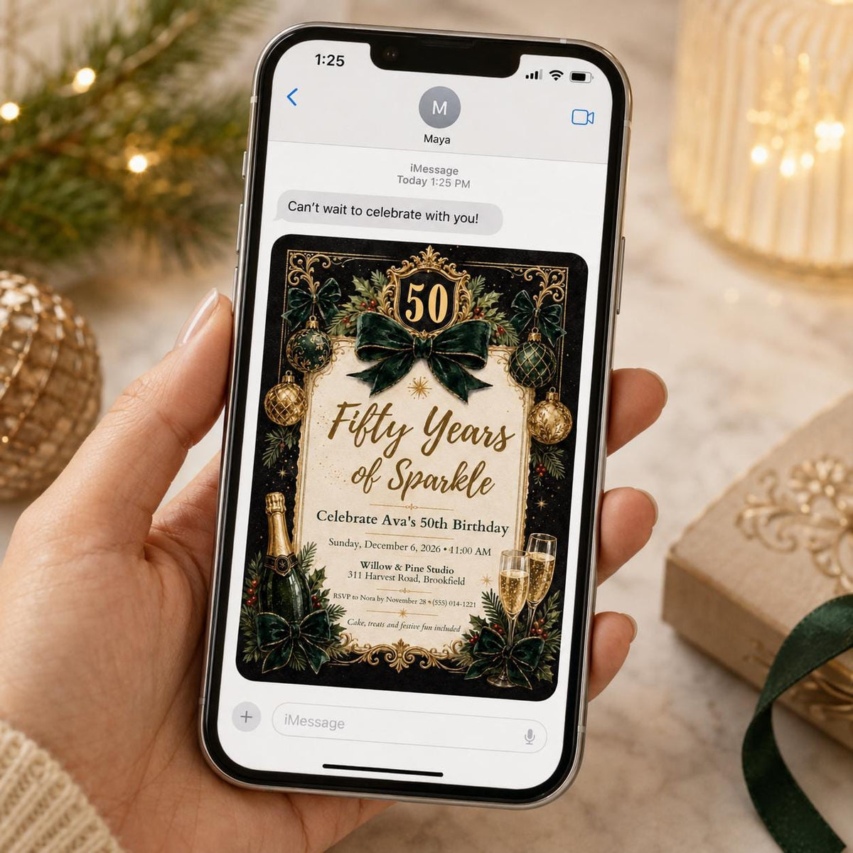 Emerald Green and Gold 50th Birthday Invitation — invitation you personalize in Canva