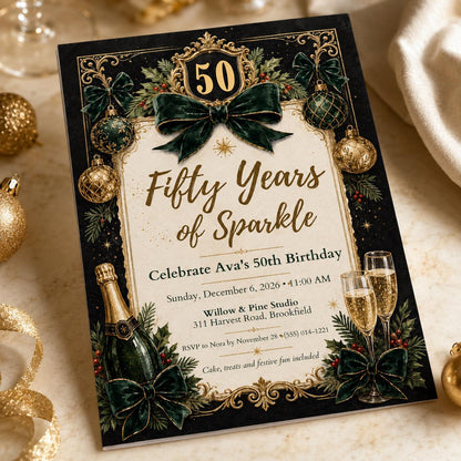 Emerald Green and Gold 50th Birthday Invitation — digital invitation, instant download