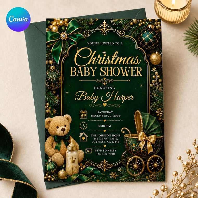 Emerald Green and Gold Christmas Baby Shower Invitation