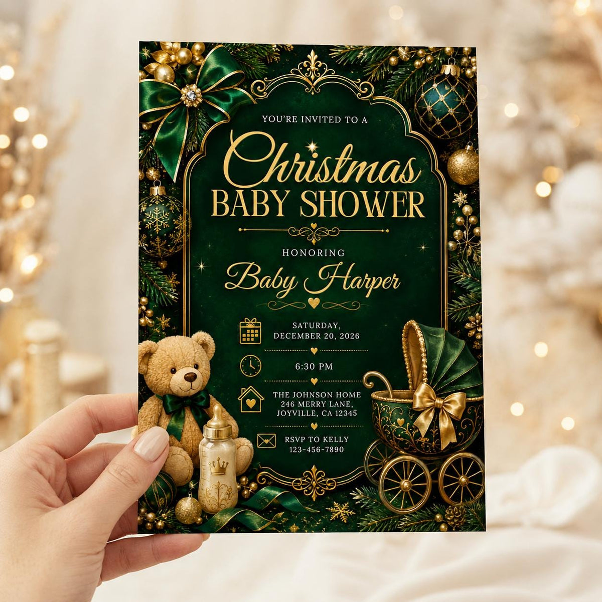 Emerald Green and Gold Christmas Baby Shower Invitation — teddy bear design