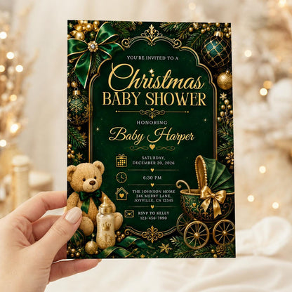 Emerald Green and Gold Christmas Baby Shower Invitation — teddy bear design