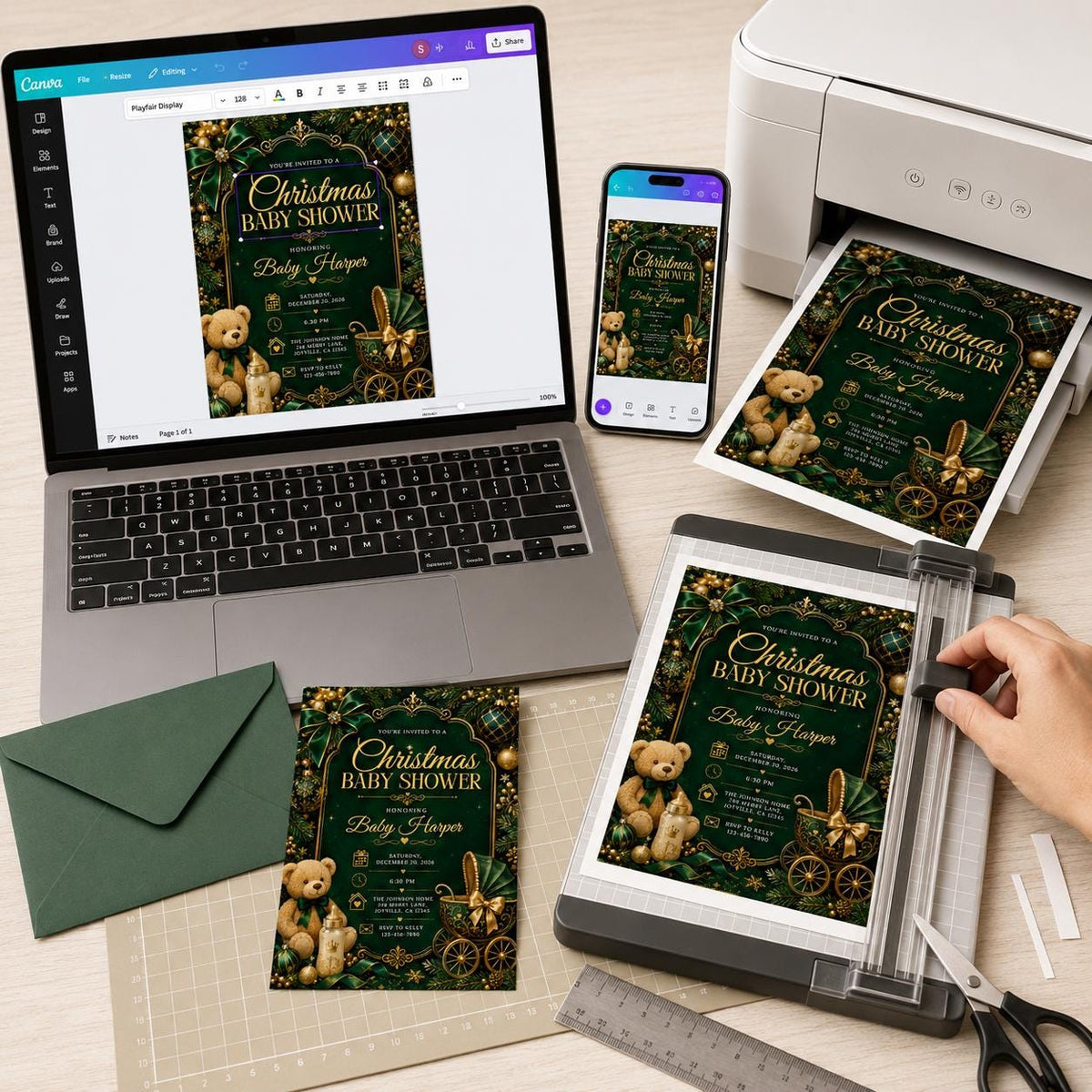 Emerald Green and Gold Christmas Baby Shower Invitation — invitation you personalize in Canva
