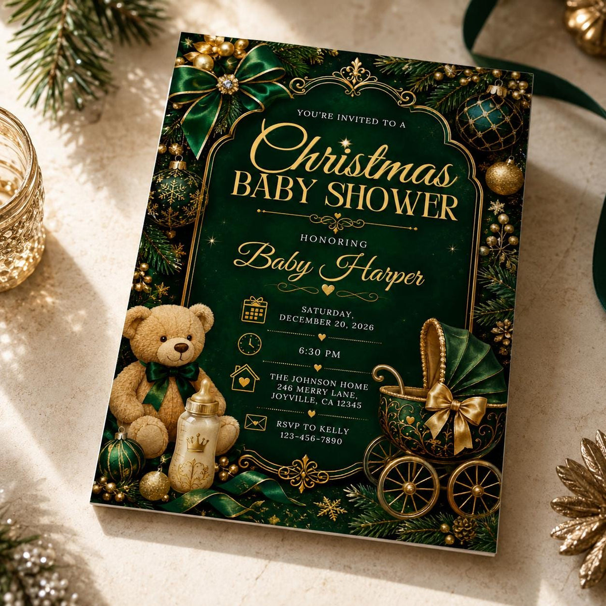 Emerald Green and Gold Christmas Baby Shower Invitation — elegant baby shower design