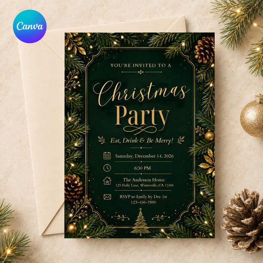 Emerald Green and Gold Christmas Party Invitation — editable Canva template