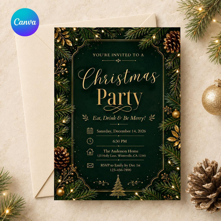 Emerald Green and Gold Christmas Party Invitation