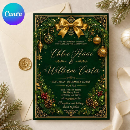 Emerald Green and Gold Christmas Wedding Invitation — editable Canva template