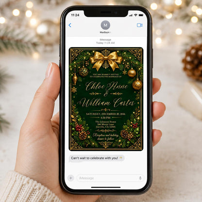 Emerald Green and Gold Christmas Wedding Invitation — invitation you personalize in Canva