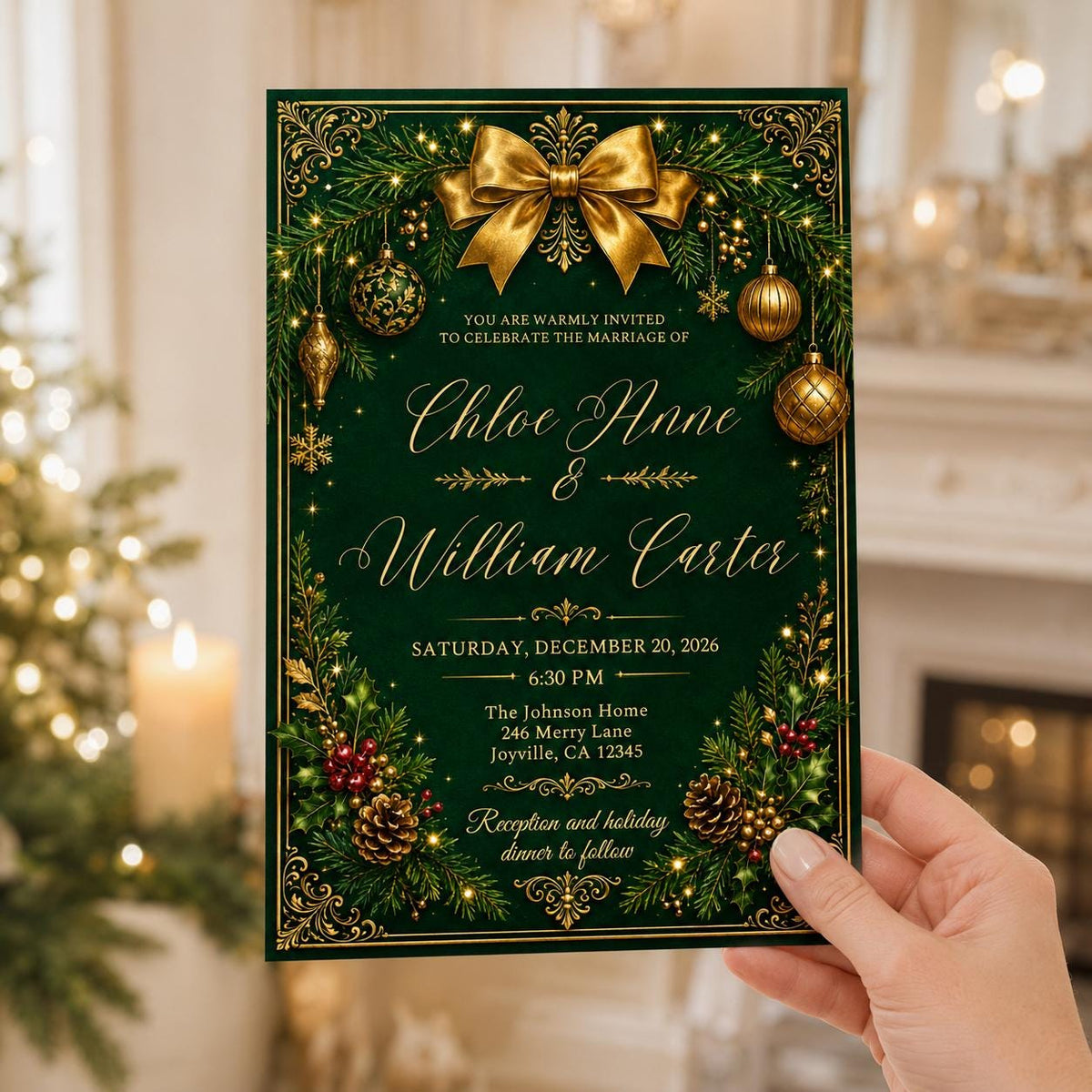 Emerald Green and Gold Christmas Wedding Invitation — elegant wedding design