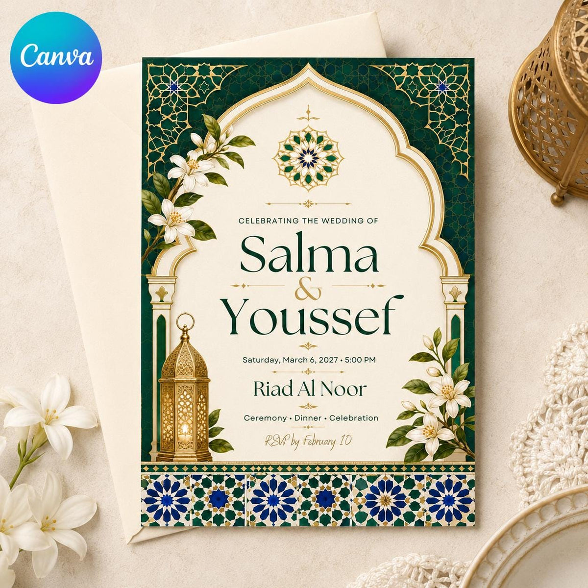 Emerald Green and Gold Moroccan Wedding Invitation — editable Canva template